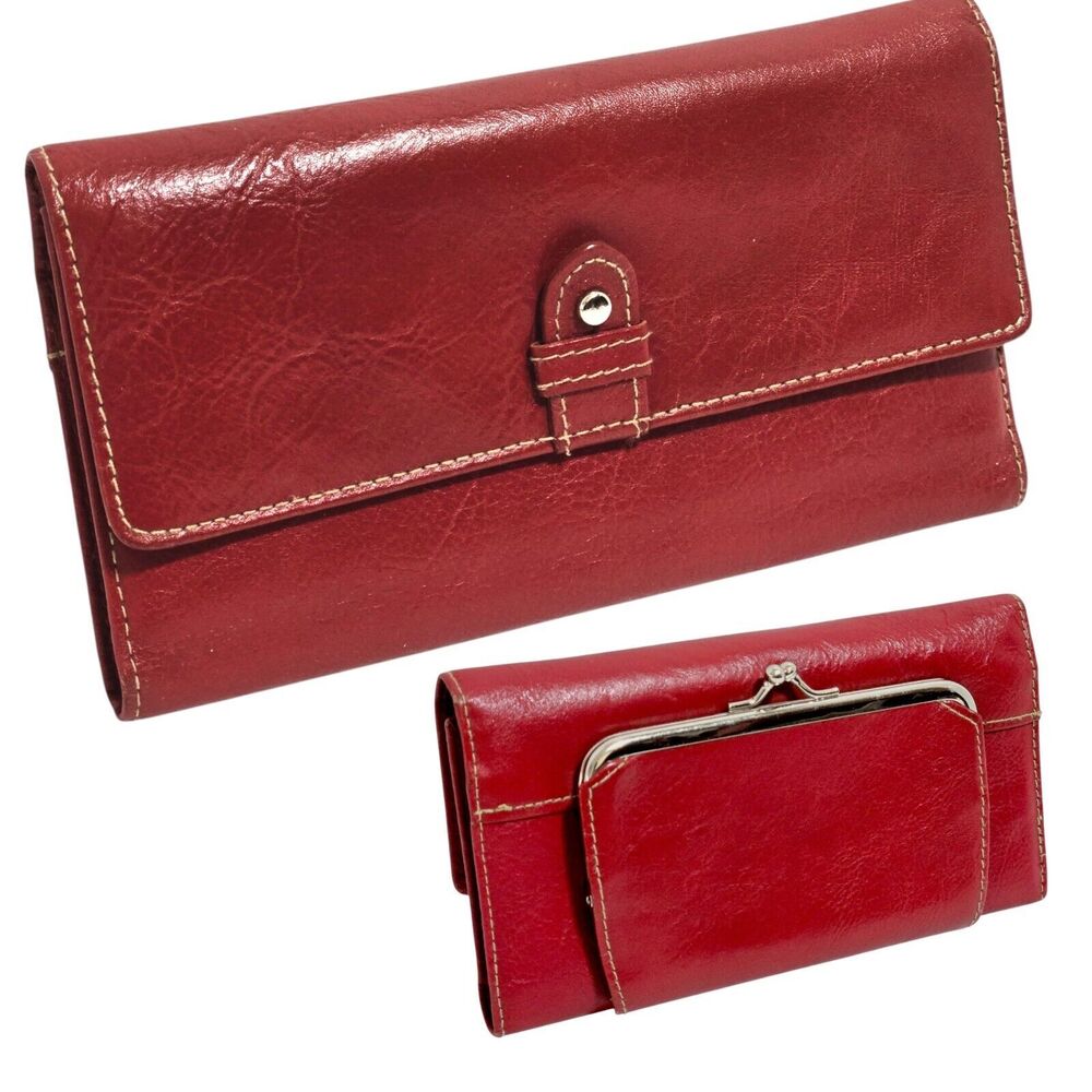 Buxton red Leather Wallet Organizer Tri Fold Kiss Lock Coin organizer Checkbook